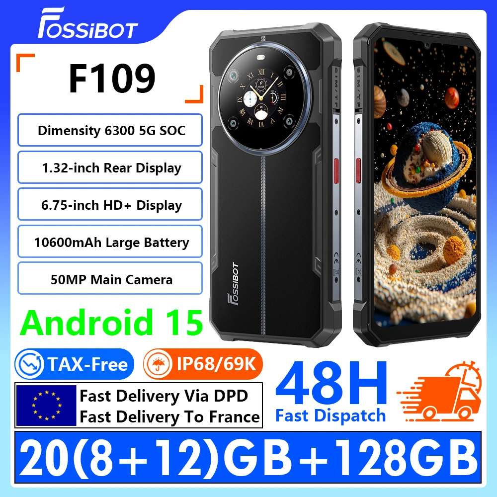 [Enviado desde dentro de Europa] Teléfono Resistente FOSSIBOT F109 5G con MediaTek Dimensity 6300 5G, Pantalla HD+ de 6.75 Pulgadas, 24(8+16)GB de RAM+256GB de ROM, Batería de 10600mAh, Carga Rápida de 18W, Pantalla Trasera de 1.32 Pulgadas, Android 14, Cámara de 50MP+16MP, NFC, OTG