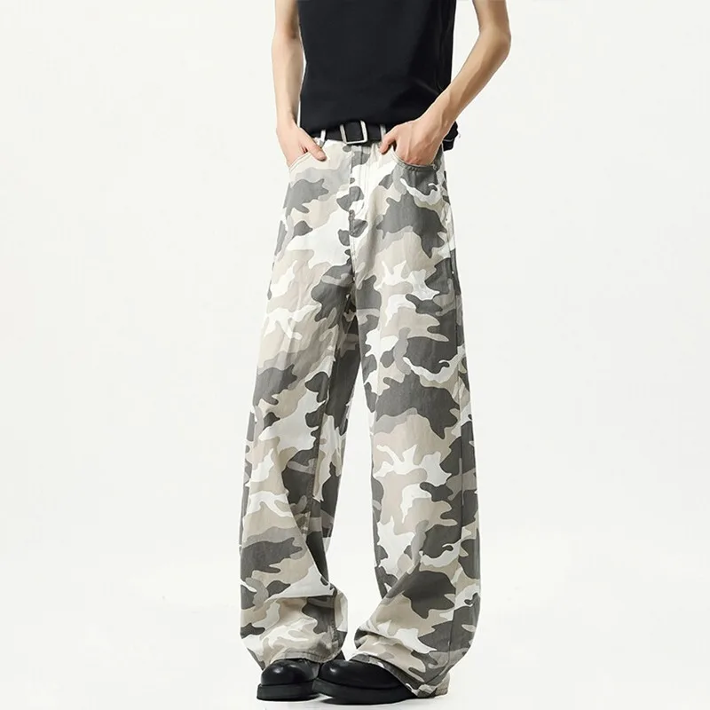 Men Camo Print Wide Leg Jeans Loose Baggy Camouflage Denim Pants Retro Casual Streetwear Straight Fit Long Trousers