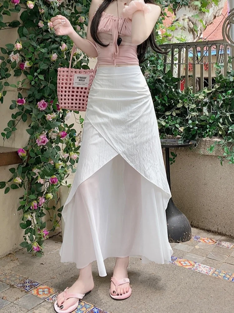 

White Asymmetrical Slit Lace f Skirt Women's Summer Thin A-Line Skirt Hip Concealing Slimming Long Skirt Casual Sle