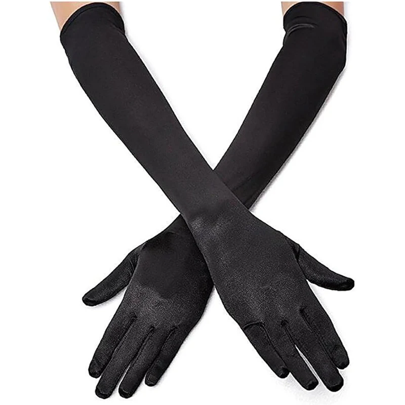 Black Satin Gloves Velvet Bag Finger Elbow Length Banquet Bridal Evening Ball Party