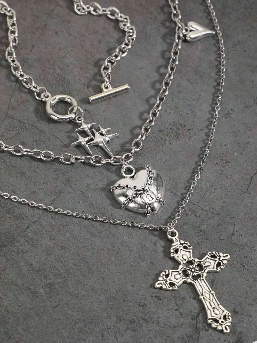

3pcs Gothic Style Chain Heart Cross Necklace Set For Women Thick Chain Pentagram Hip Hop Rock