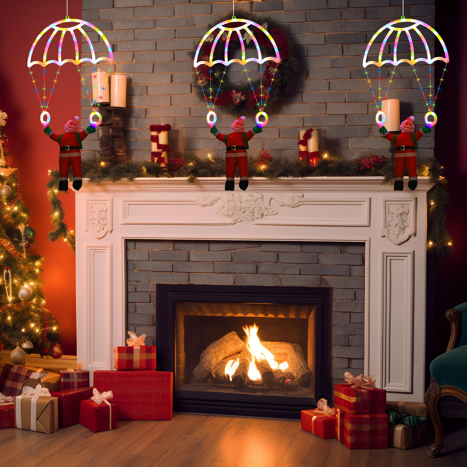 Santa Parachute LED Decor-USB-Powered 8 Modes Remote Control Indoor Outdoor Application Great for Christmas Home Festivities