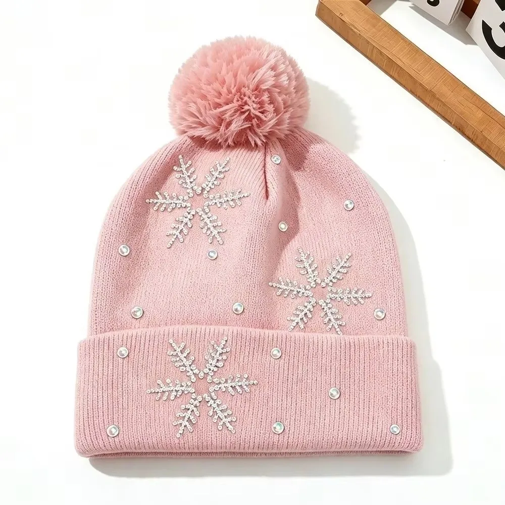 Thickened Women Snowflake Knitted Hat Keep Warm Snowflake Rhinestone Pullover Hat Warm Ear Protection Winter Balaclavas Cap