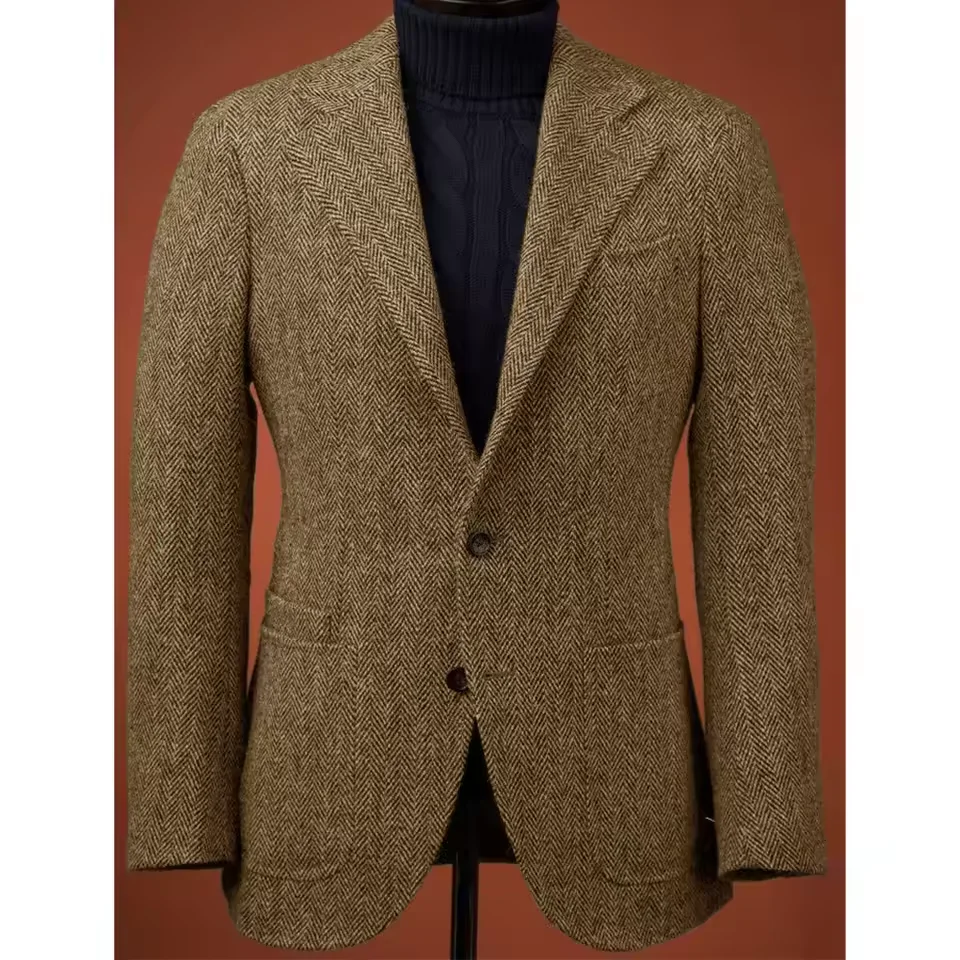 Mens Wool Blend Suit Jacket Single Breasted Business Blazer Casual Jacket Fashion Herringbone Slim Fit Comfortable Elegant New