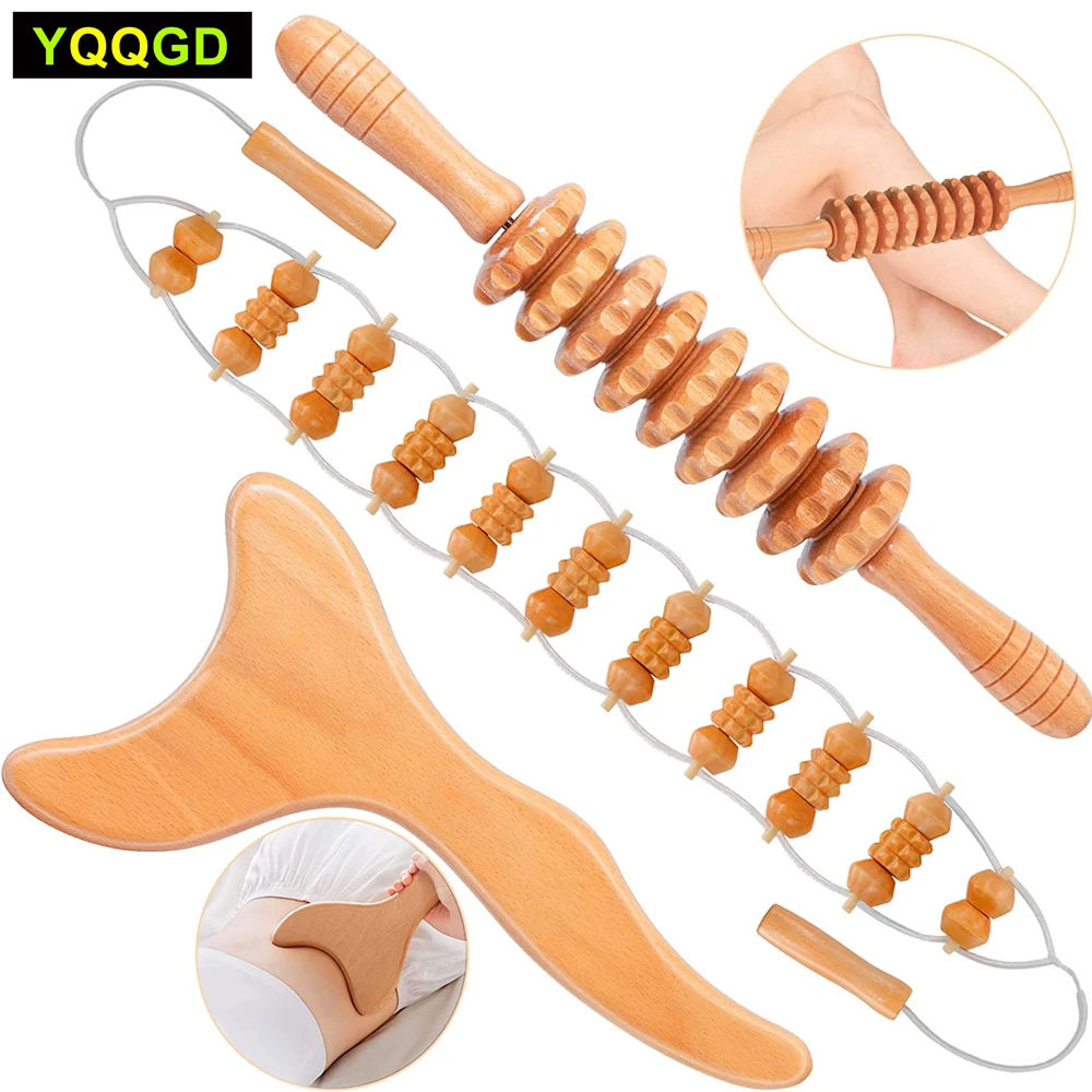 

Wood Therapy Massage Tools Set,3 Pcs Maderoterapia Kit, Wooden Massage Roller Stick & Back Massager Roller Rope for Body Shaping