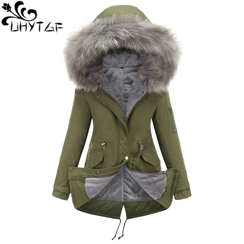 

UHYTGF Winter Coat Women 2023 Fur Collar Hooded Cold-Proof Warm Parka Jacket Female Plush Thicken Cotton Overcoat Ladies 5XL2647