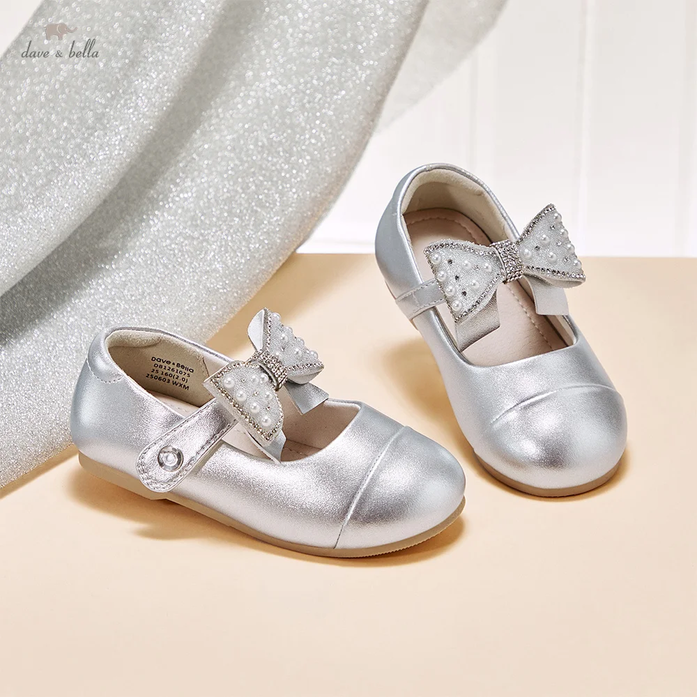 Dave Bella Children Leather Shoes Autumn Spring Girls Silver Princess Shoes Anti Slip Kids Outdoor Shoes Elegant Party DB1261075