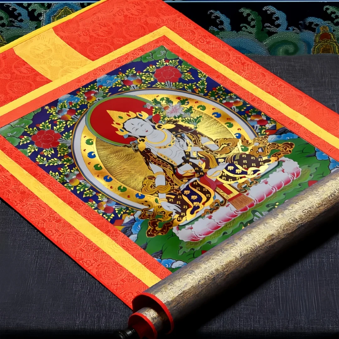 White Tara Buddha Thangka Gold Gilded Silk Scroll 35cm Tibetan Blessing Longevity Wall Hanging Home Decor