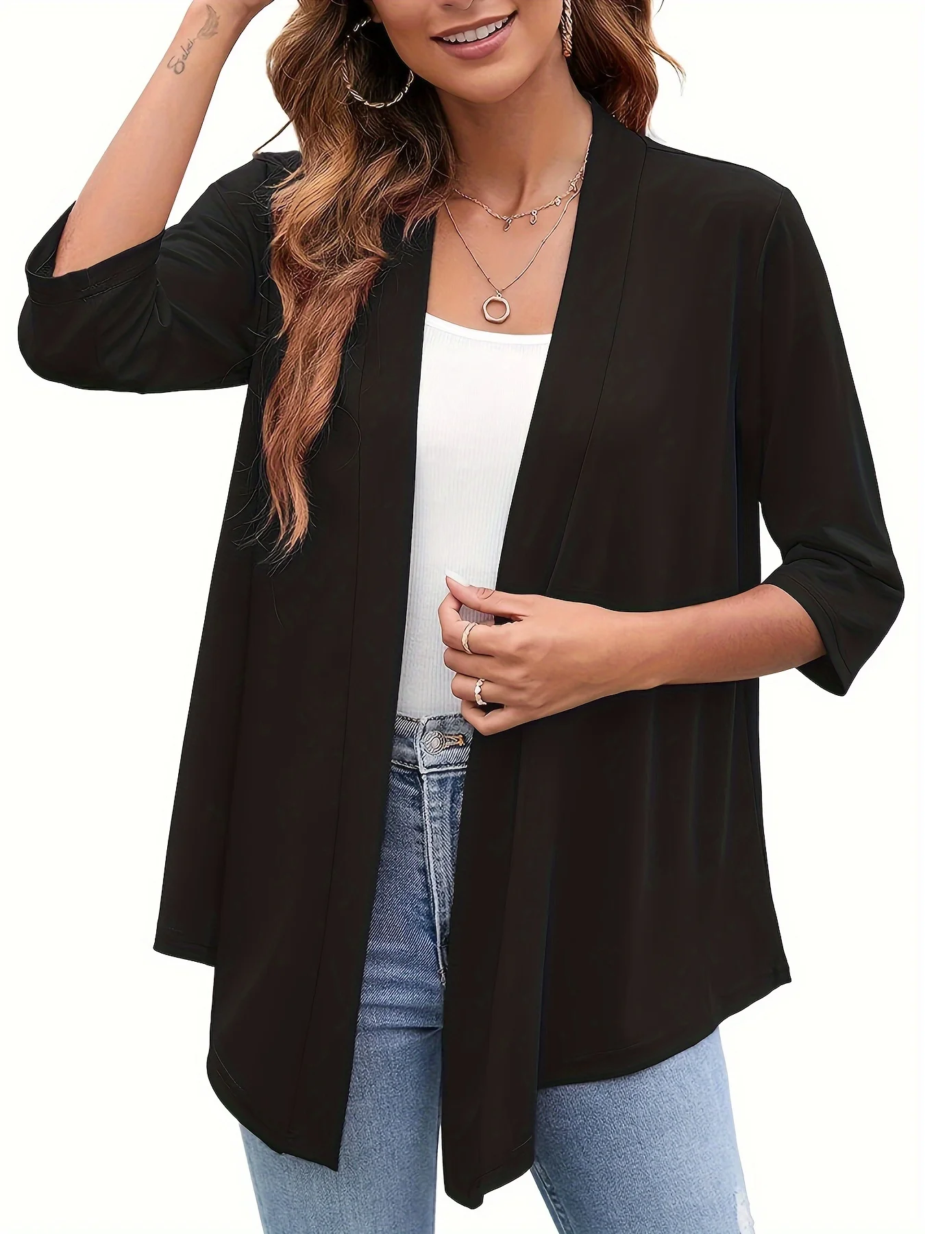 

Легкий женский кардиган с открытой передней частью больших размеров — повседневный мягкий драпированный рукав с рукавами 3/4, универсальный модный дизайн с открытой передней частью
