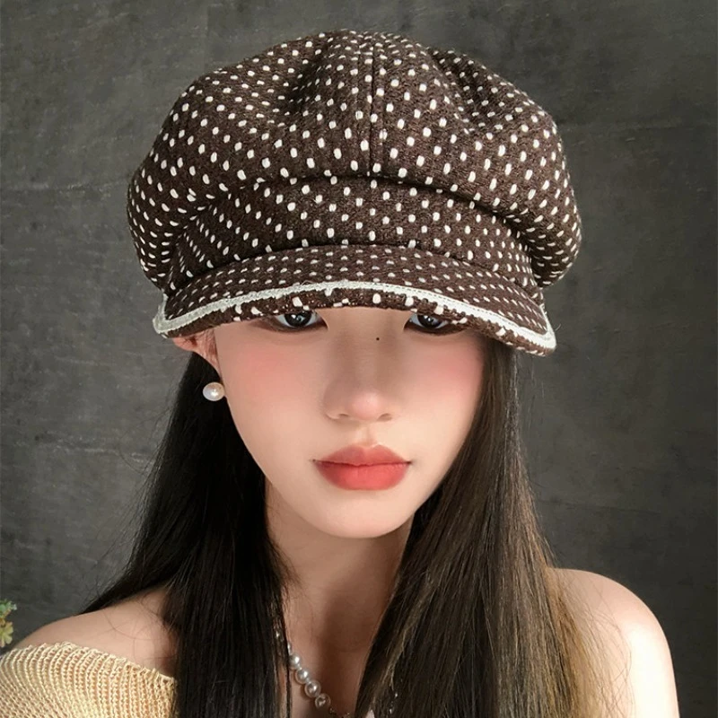 Korean Ins Polka Dot Lace Edge Octagonal Beret Summer and Autumn Street Art Large Version Sunshade Newsboy Cap for Women