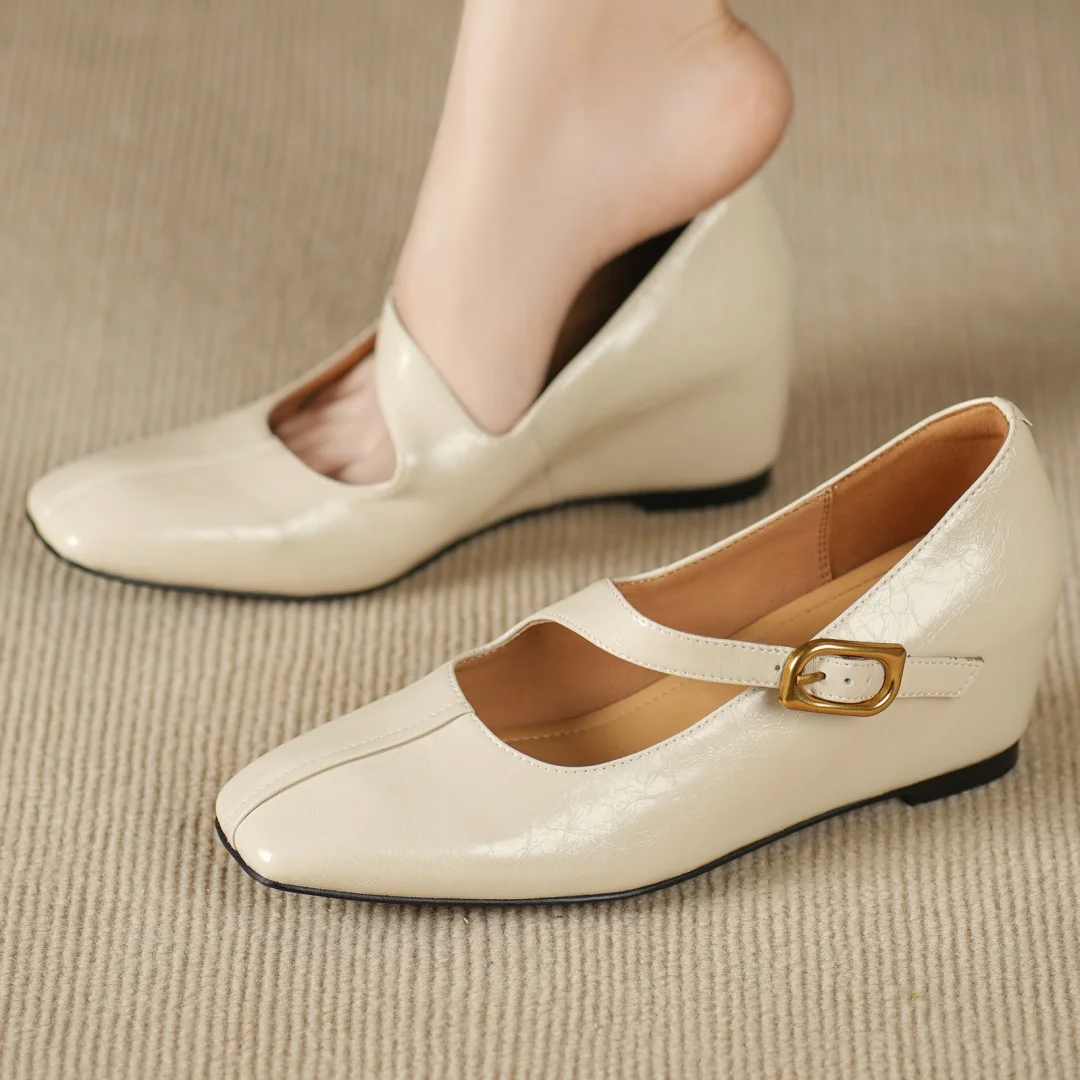 

Женские туфли-лодочки Мэри Джейн из натуральной кожи с металлической пряжкой и перекрестным ремешком, повседневные женские модельные туфли на танкетке 5 см на среднем каблуке, хит продаж