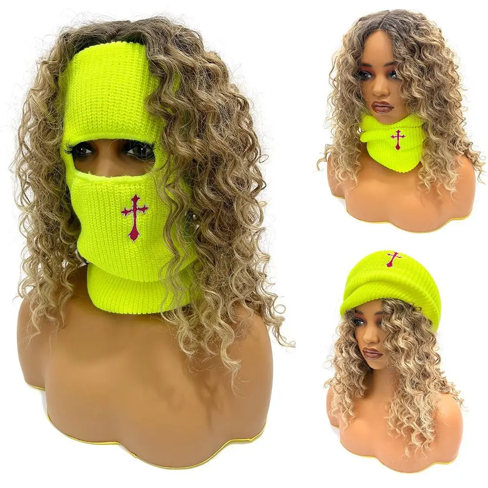 Embroidered Top Knitted Hat Knit Hat Warm With Hair Balaclava Hood Windproof Camouflage Face Cover Women Lady Girl