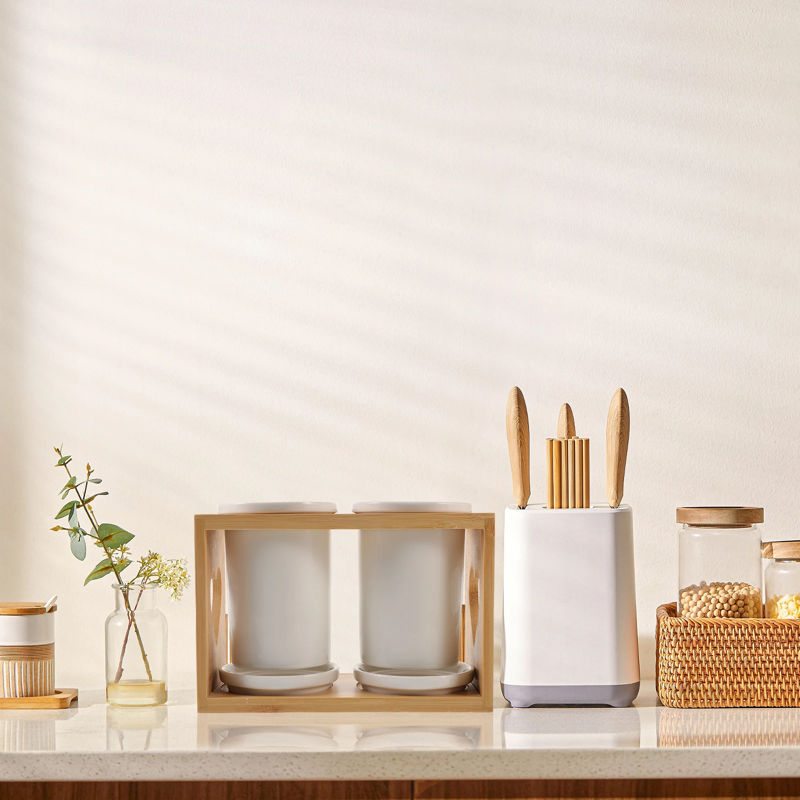 

1 set Cutlery Rack Ceramic Bamboo Tableware Storage Holder Drain Canister Kitchen Organizer Dishware Container Chopstick Stand