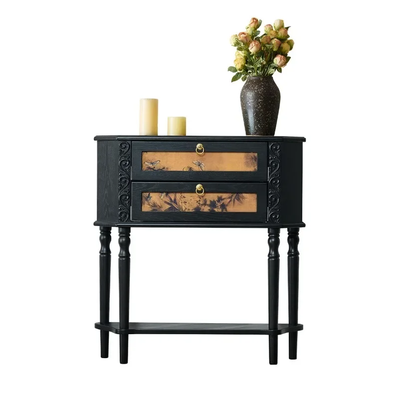 

French retro entrance cabinet, solid wood black fragrant cloud yarn living room entry decoration cabinet, medieval styl