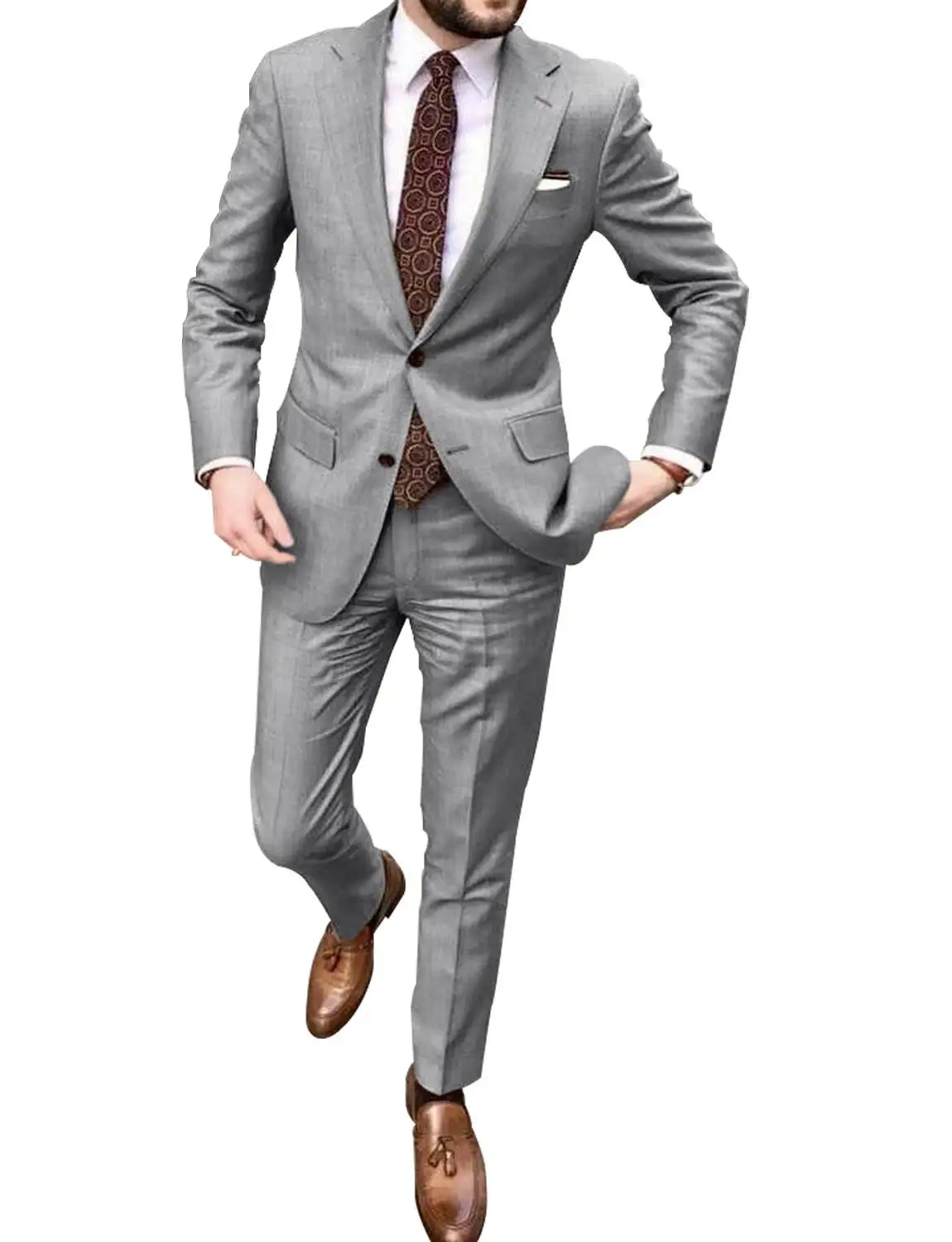 Casual Solid 2 Piece Men Suits Slim Fit Notch Lapel Two Buttons Jacket Pants Set Wedding Groom Tuxedos Business Suits Set