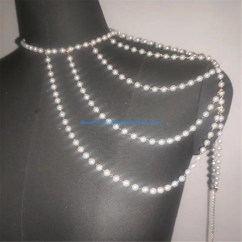 E56A Luxurious Layered Pearls Body Chain Shoulder Chain Jewelry Enhances Elegances for Evening Gatherings and Celebration