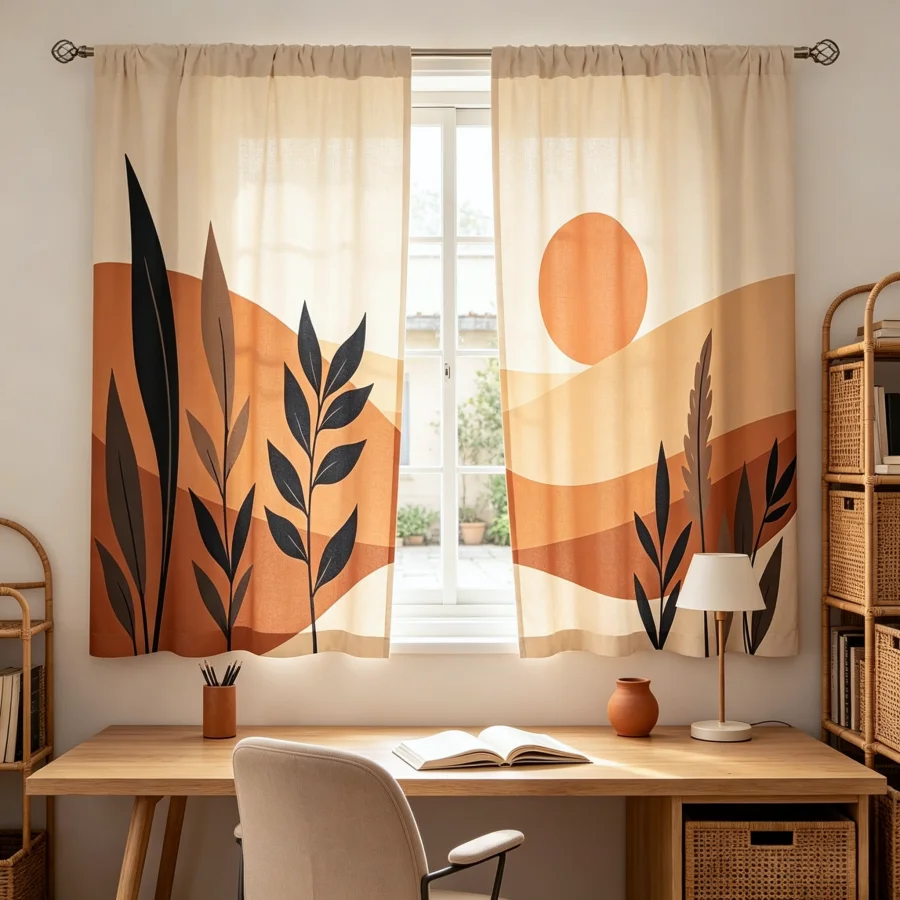 2PCS Digital Print Curtain, Sunset Rolling Hills Landscape, Warm Golden Hour Nature Scenic Style for Living Room Bedroom Decor