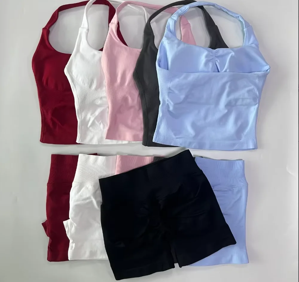 

2 Pieces Impact Sports Set Women Backless Halter Tops High Waist Seamless Hight Stretch Shorts Gym Suit Sportswear Workout Sets