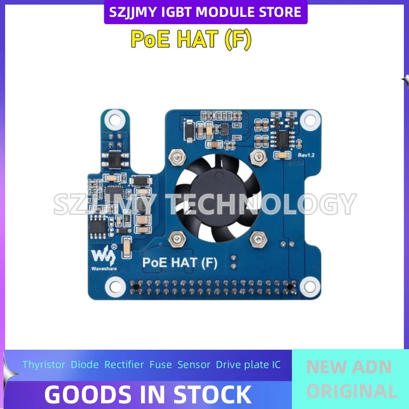 PoE HAT (F) expansion board, high-power with cooling fan, 5V/12V Ethernet power supply module