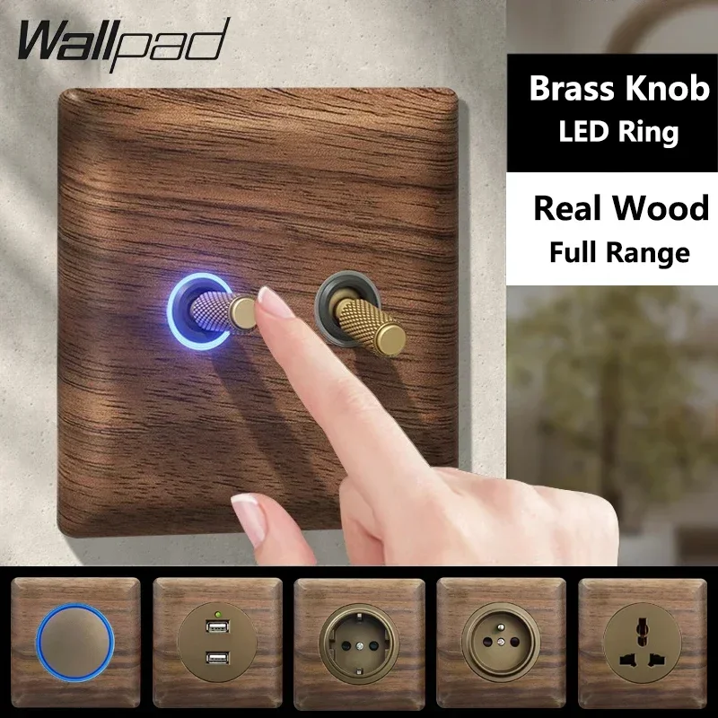 

Retro Toggle Switch Wall Light Switch 1-4 Gang Real Wood Walnut Panel Antique Brass Knob with Blue LED Light 110-250V