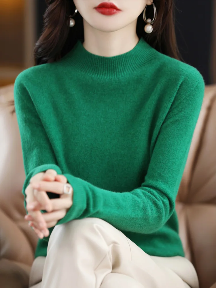 Fashion 100% Merino Wool Sweater Women's Mock-Neck Knitwear Cashmere Pullovers Autumn Winter Long Sleeve Jumpers Clothing Tops