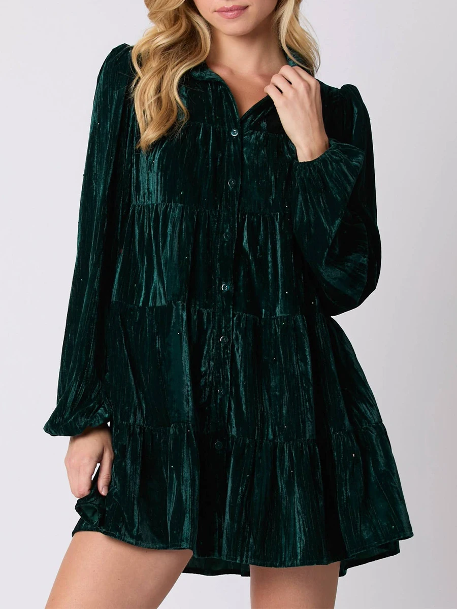 Women Spring Autumn Shirt Dress Long Sleeve Lapel Button Up Velvet Dress with Pockets