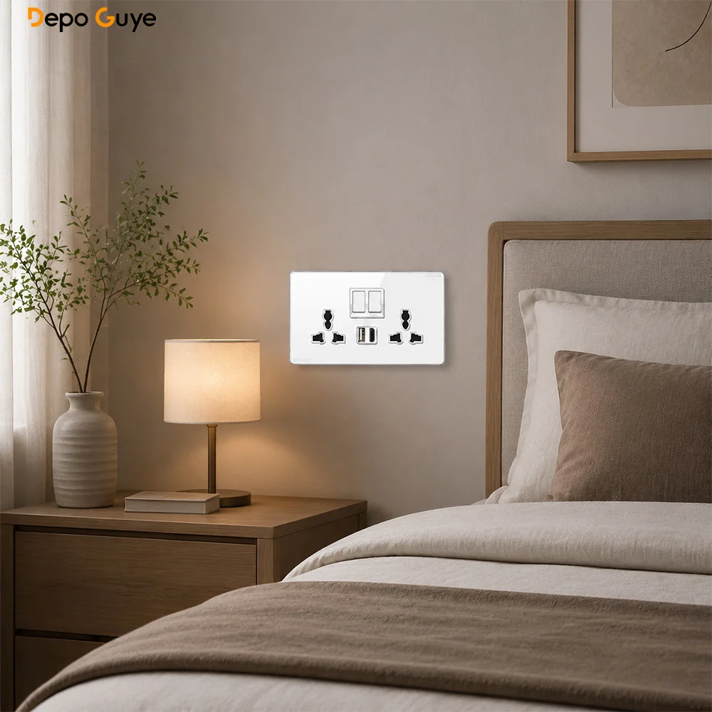 White tempered glass 2Way Wall light switch,UK Wall 18W Type-C Fast Charging usb socket,Universal Electrical outlet plug 220V