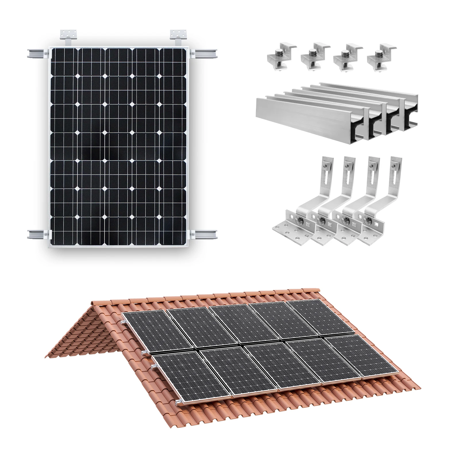 4pcs Solar Bracket Tile Roof Set,Photovoltaic Mounting Rail 300 mm Aluminum Mounting Rail, for 30/35 m