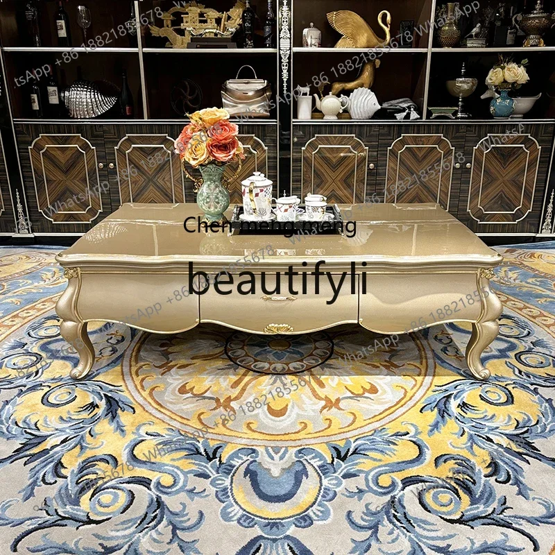 

French large coffee table, European luxury tea table, tea table with drawers rectangular solid wood carving flower table6220