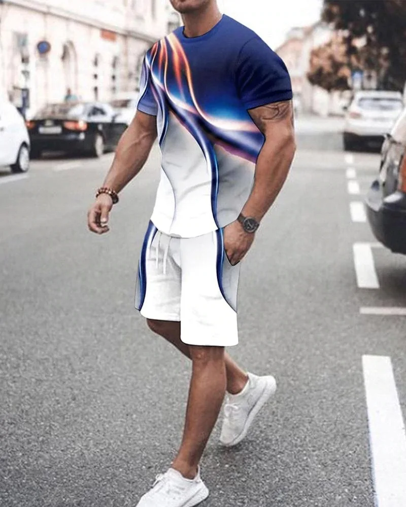 Gradient printing Mens Fashion Tracksuit Set Shorts Summer  2 Piece Outfit Suit Casual Short Sleeve Clothing  Tshirt Jogging Set