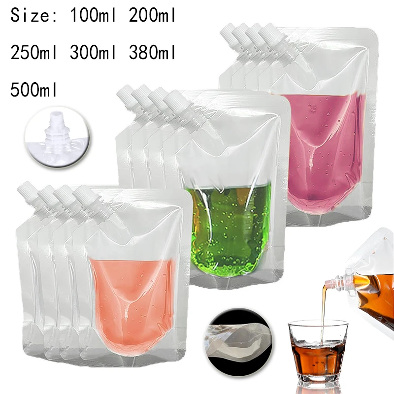 Bolsas reutilizables para bebidas de 100ml ~ 500ml, bolsas transparentes con boquilla inclinada, bolsas para bebidas, contenedor para fiesta, boda, zumo de fruta, cerveza