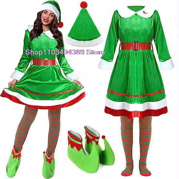 Adult Green Christmas Elf Costumes Santa Claus Green Elf Costumes Womens Cosplay Christmas Dress Set Xmas performance outfits