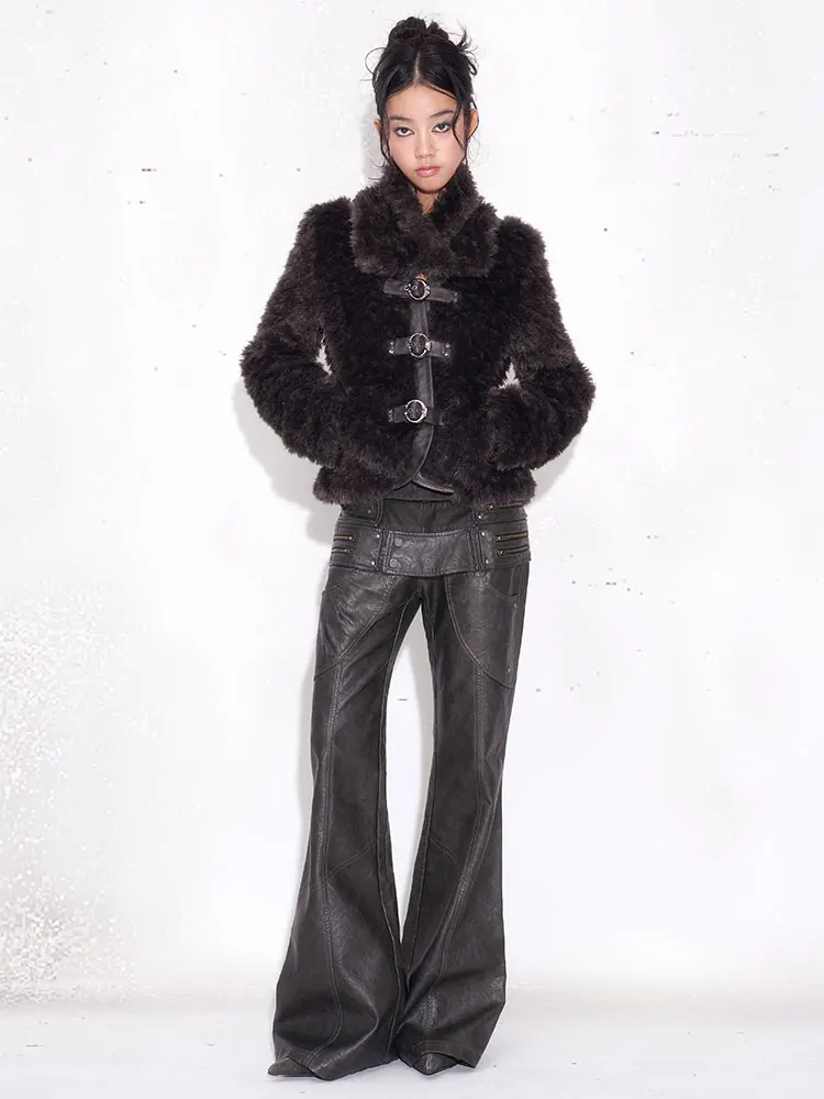 Lautaro Spring Autumn Distressed Pu Leather Flare Pants Women High Waist Grunge Punk Style Luxury Emo Clothes Streetwear 2026