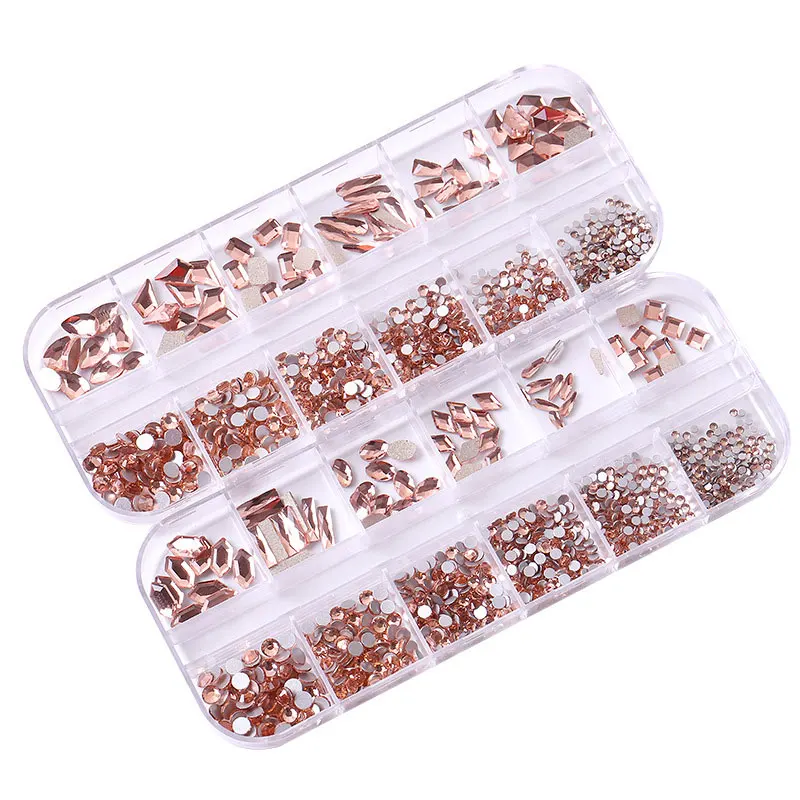 Crystal Nail Art Rhinestone Gold Silver All Colors Flat Bottom Mix Shape DIY Nail Art 3D Decoration 12 Compartment Basin