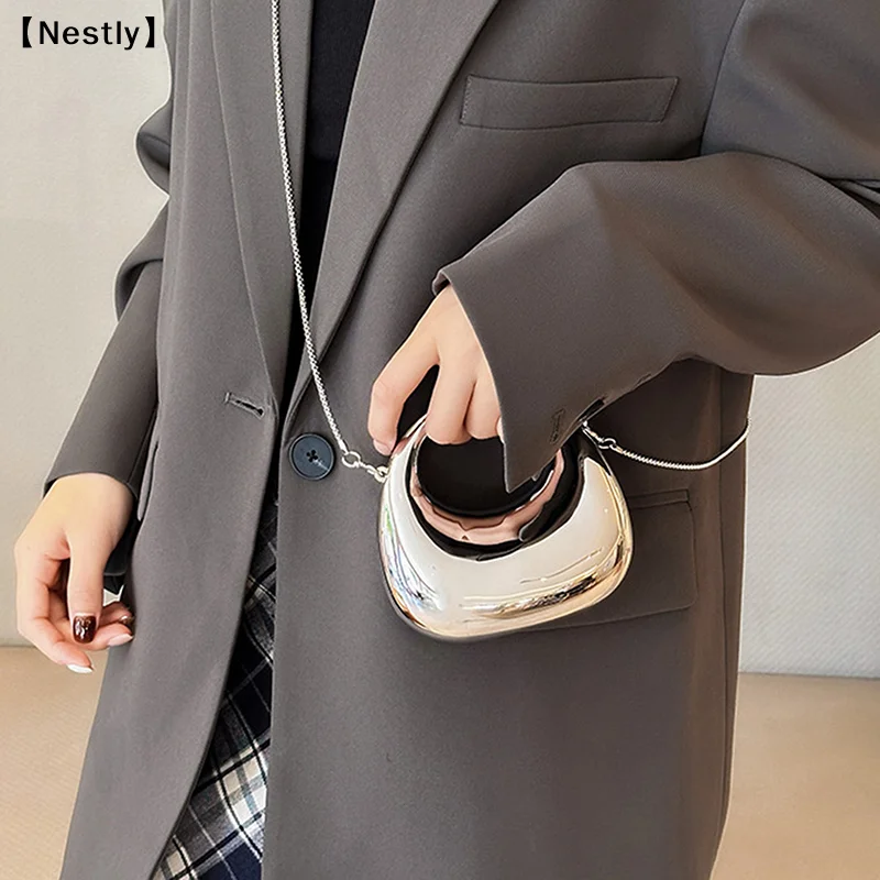 Damen-Umhängetasche mit Kette, kleine Geldbörse, Acryl, metallischer Glanz, Halbmond-Form, Party- und Bankett-Damentasche, luxuriöse Handtasche〔Nest〕 – Detail 9