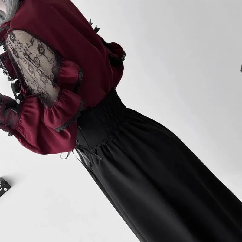 Jirai Kei JK Skirt Uniform Cosplay Maid Burgundy Lace Blouse Dress Sweetheart Encounters Lolita for Girls Women Theme Party