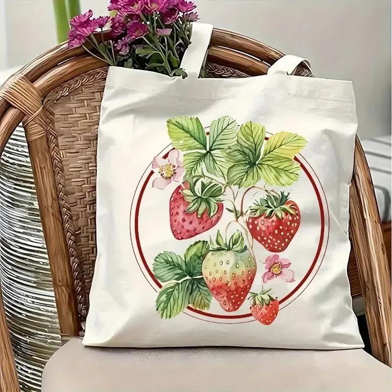 

Cute Strawberry Pattern print Canvas Tote Bag, Reusable Grocery Shoulder Bag Handbag & Shopping Gift Bag for Travel Gift