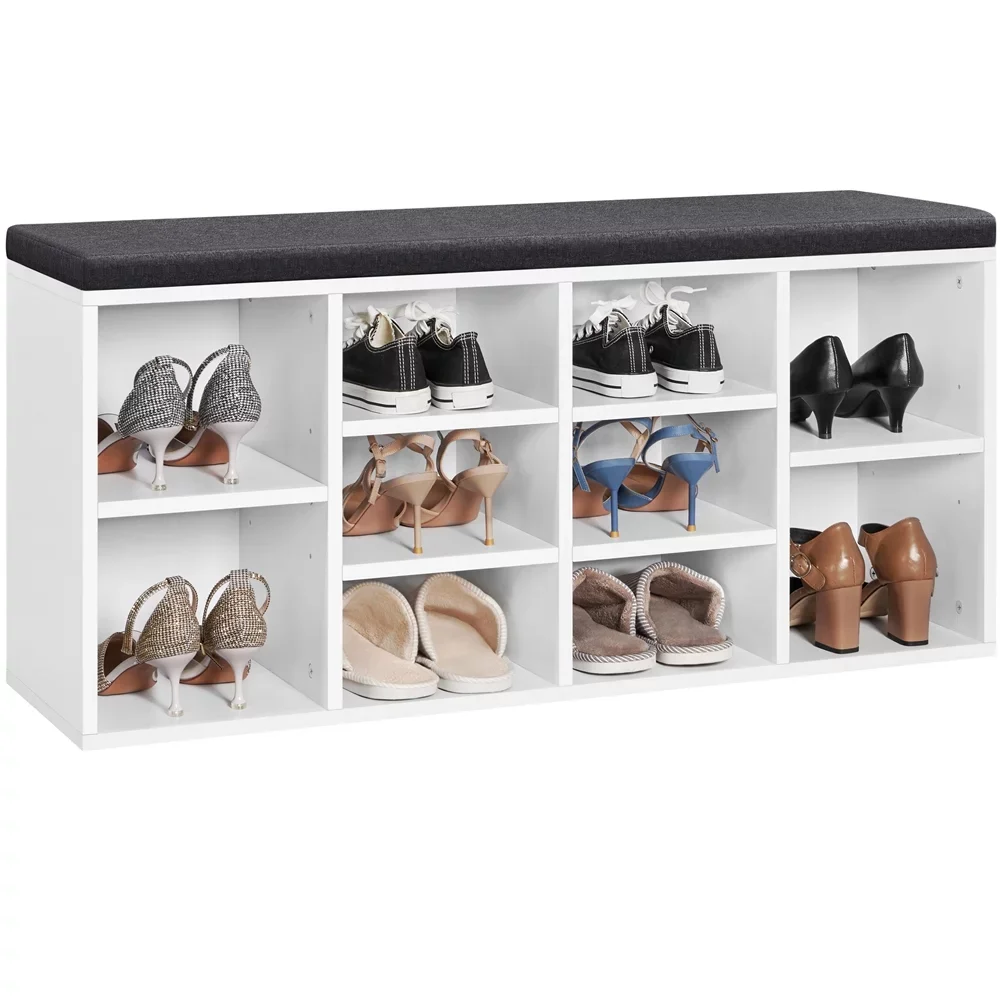 

10 Cubbies Shoe Storage Bench, Wood, Foam and Fabric, White shoe cabinets muebles