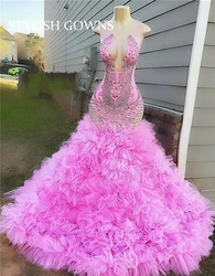 Sparkly Pink O Neck Long Prom Dress Black Girls Birthday Party Dresses Beaded Ruffles Evening Gowns Crystal Gown Customized