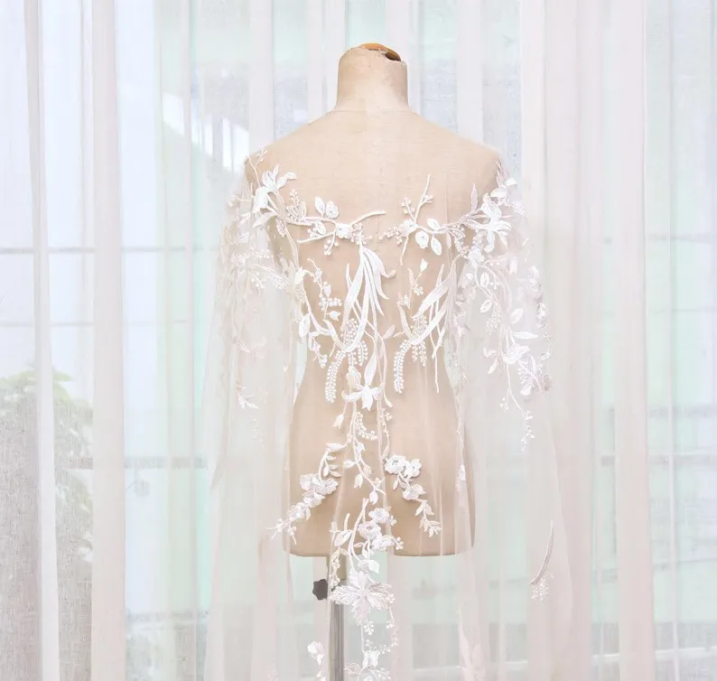 Customized Off White Bridal Cloak Overlay Bride Cape Floral Lace Embroidered Wedding Shawl Long Event Boho Bridal Tulle Shawl