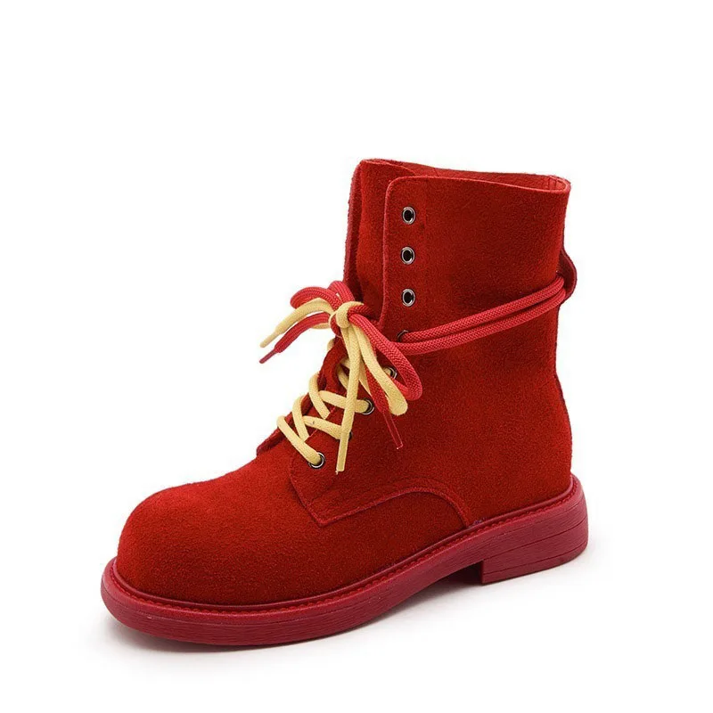 

Genuine Leather Women Ankle Boots Fashion Suede Runway Casual Motorcycle Boots Chunky Heel Platform Lace Up Knight Bootas