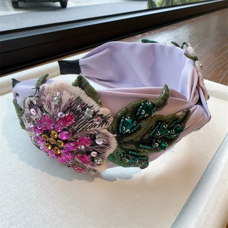 Pretty Boho Floral Embroidery Tape Headband for Lady Girls Shopping Party Headpiece Top Bow Knot Hairband for Women Head Wears