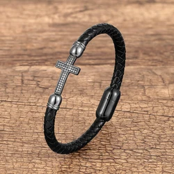 Classic Unisex Cross Zircon Bracelet Charm Man Women Genuine Leather Bangles Stainless Steel Magnetic Buckle Punk Male Jewelry