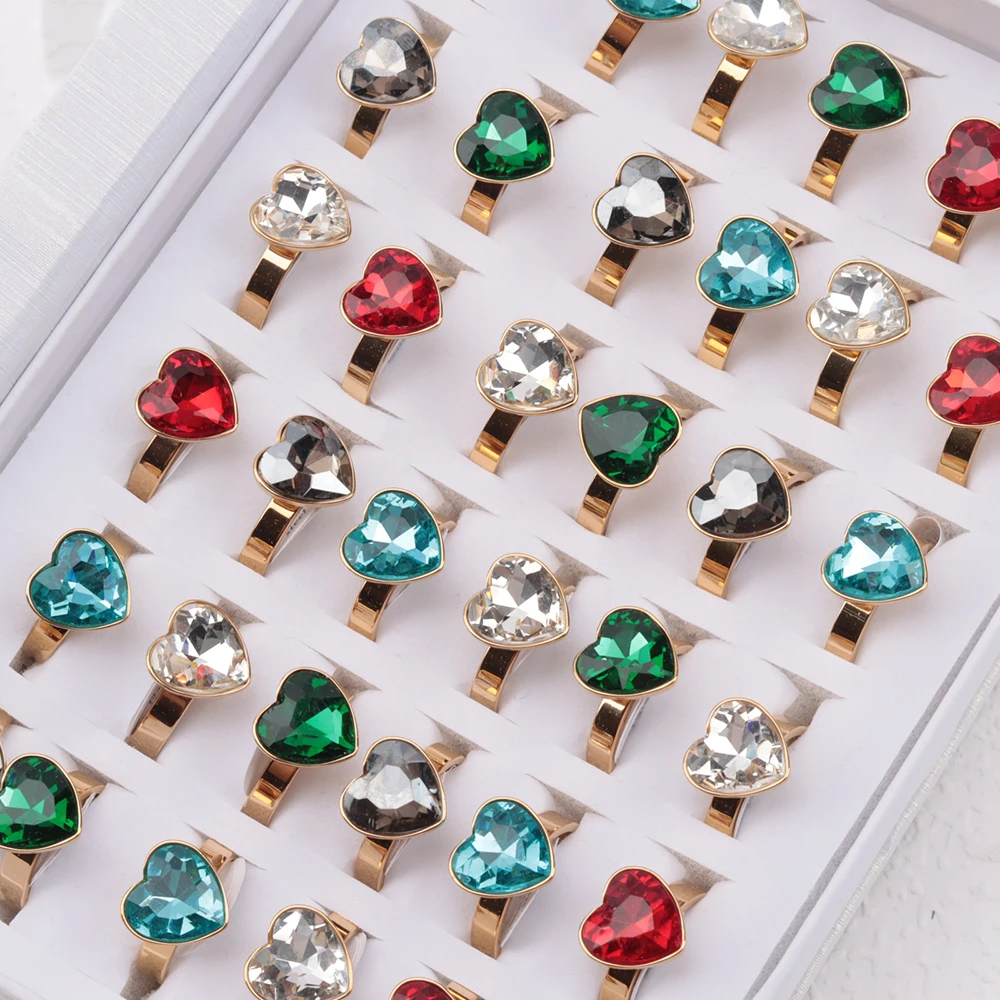 24Pcs/lot Popular Big Heart and Square Style Stainless Steel Ring for Women\'s Fashion Wedding Jewelry Anniversary Gift Wholesale