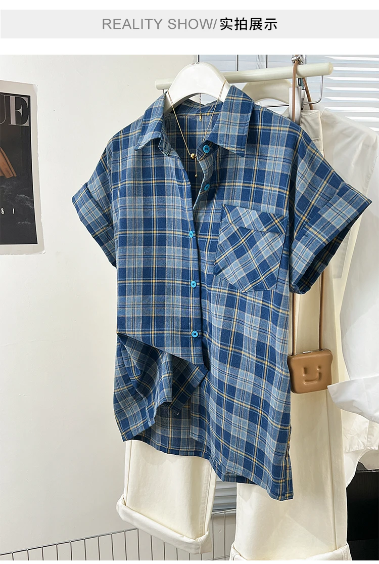 

Summer new fashionable loose casual short blue checkered short sleeved shirt for women