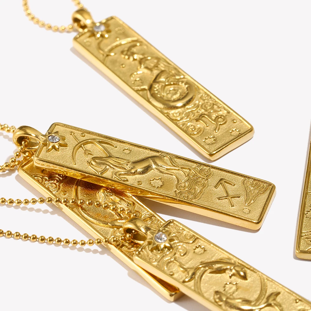E.B.belle 18k Gold Plated Rectangle Shape 12 Constellation Pendant Necklace Stainless Steel Waterproof Fashion Women\'s Jewelry