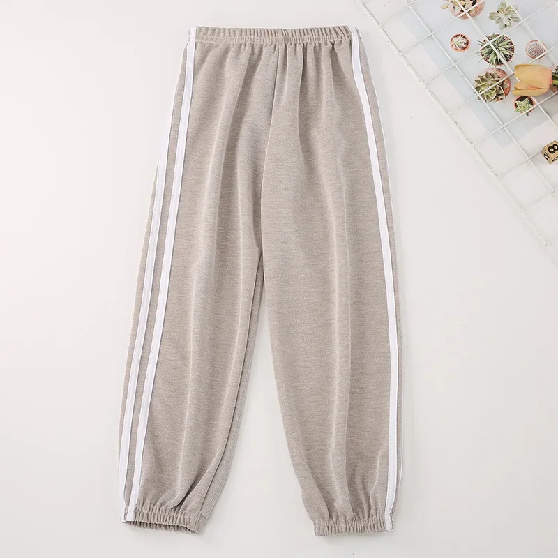 2024 Casual Spring and Summer Children\'s Anti-Mosquito Pants Boys and Girls Ice Silk Polyester Pants Baby Stripe Trousers 3-11Y