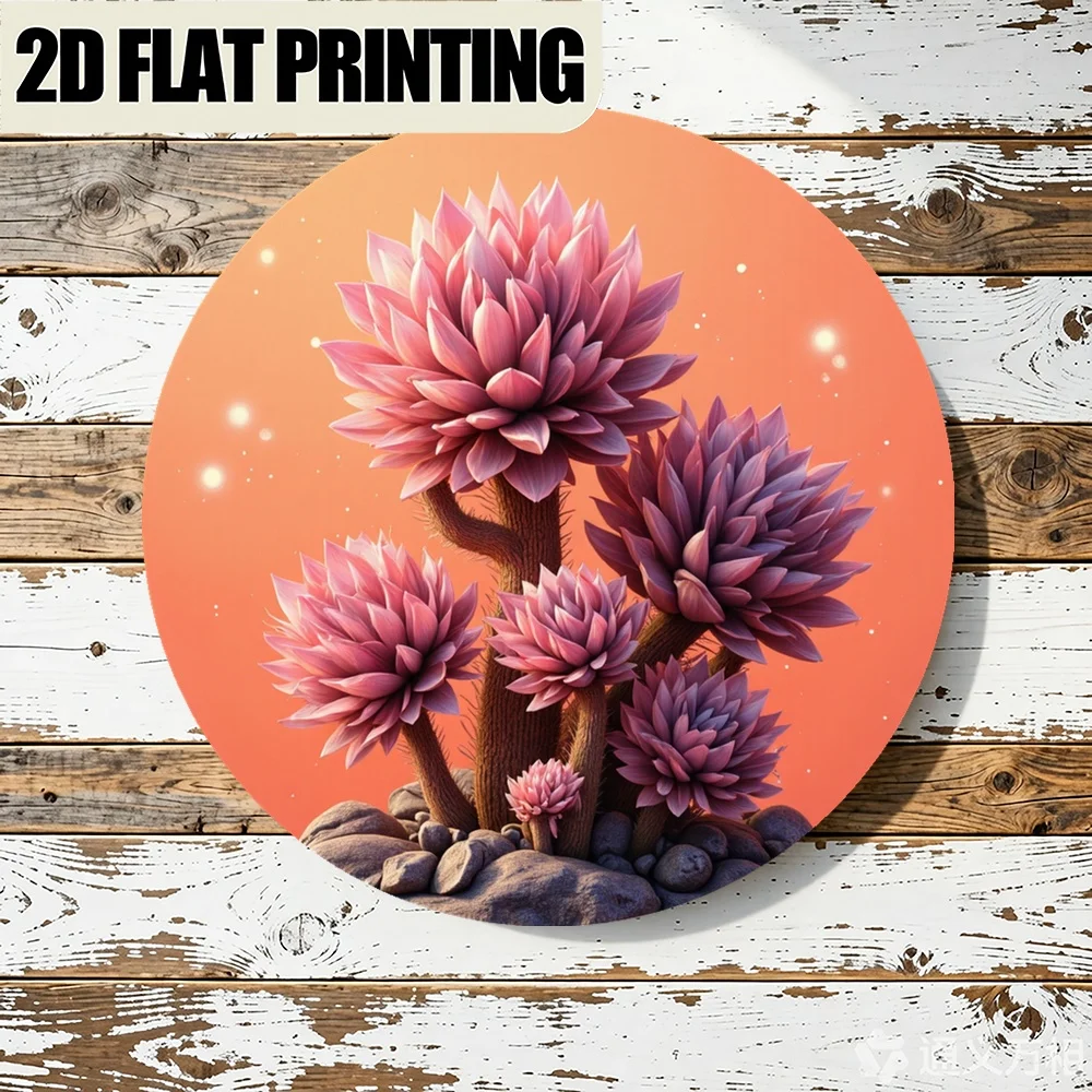 Round Metal Wall Art, 2D Floral Design with Pink Flowers & Brown Stems, Geometric Home Decor for Living Room, Garden, Patio