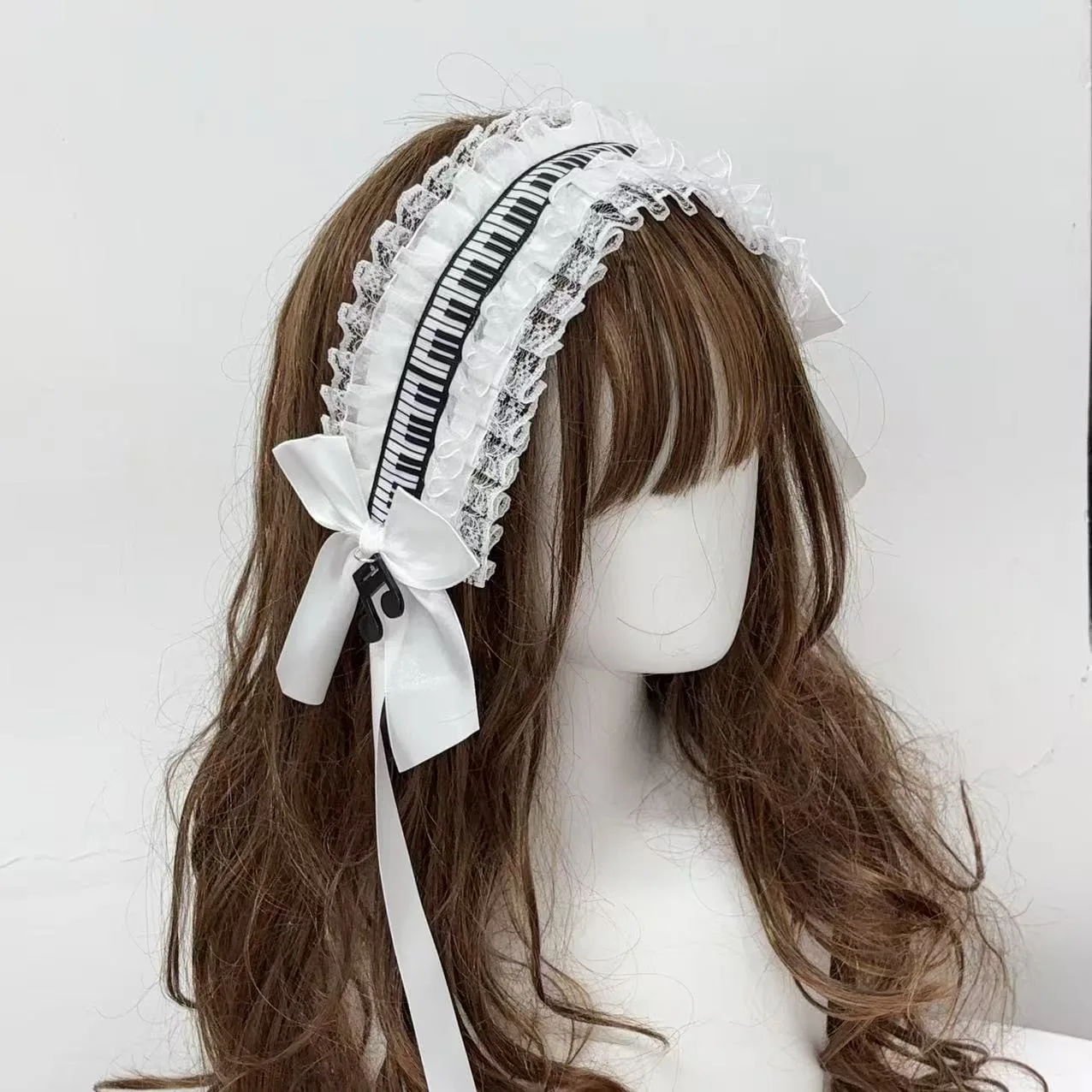 النمط الياباني أسود أبيض مفاتيح البيانو لوليتا مقوس دانتيل رباط شعر مع ملاحظات الموسيقى القوطية أغطية الرأس لوليتا إكسسوارات الشعر