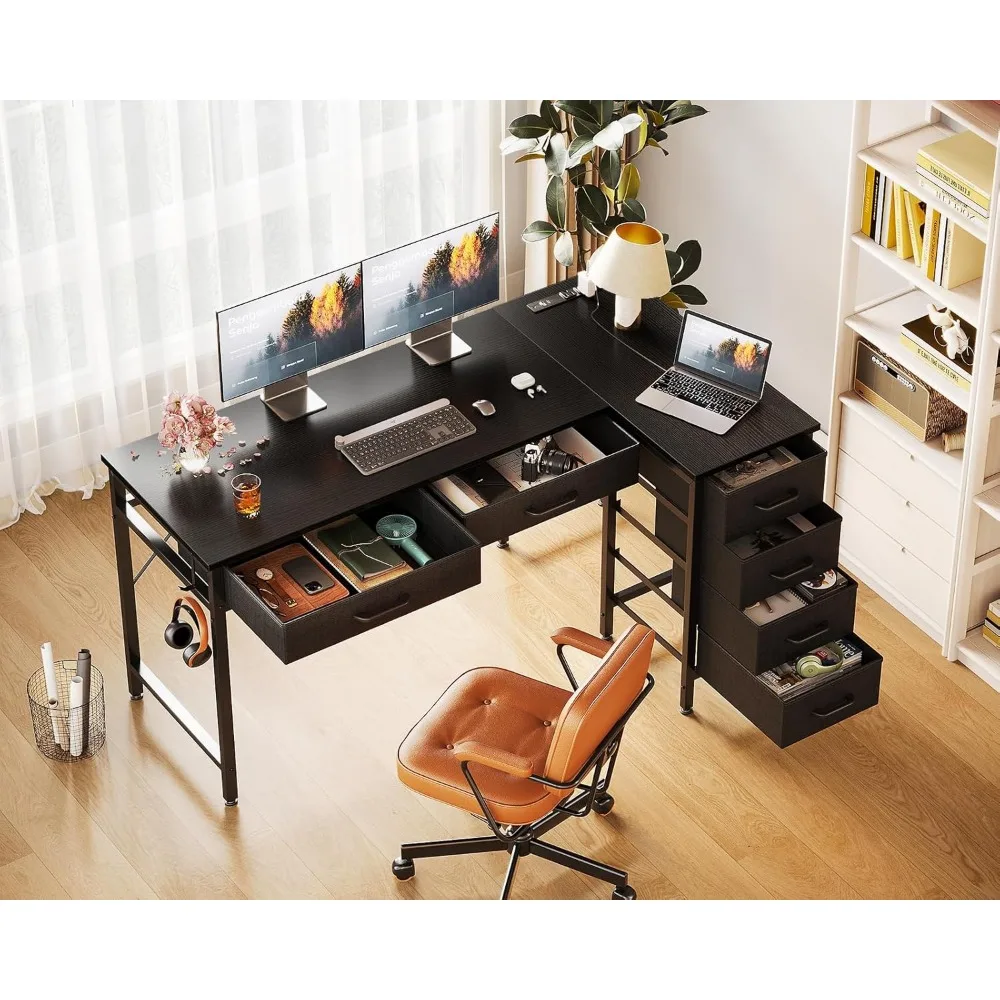 Mesa em forma de L de 50 polegadas com gavetas, mesa de computador com tomadas elétricas, mesa de escritório doméstico com 6 gavetas